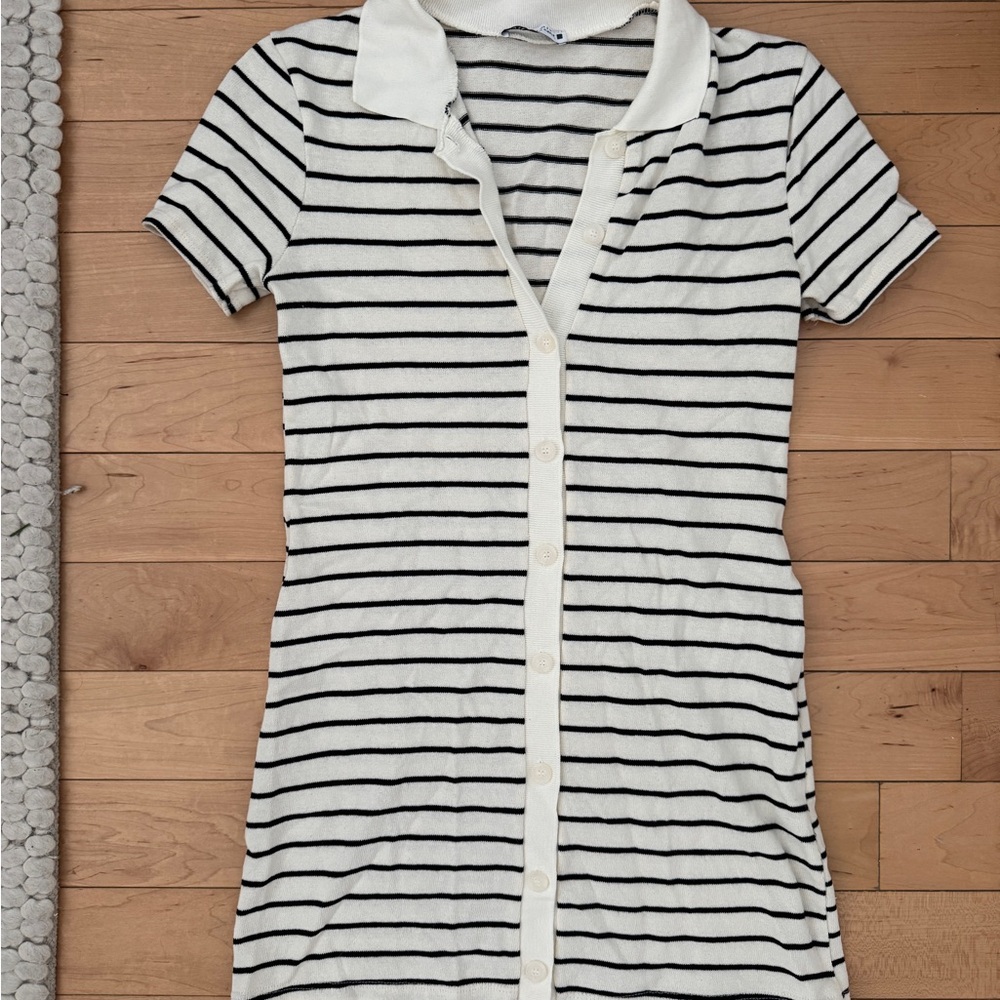 Zara Striped Black and White Short Sleeve Button-Up Dress